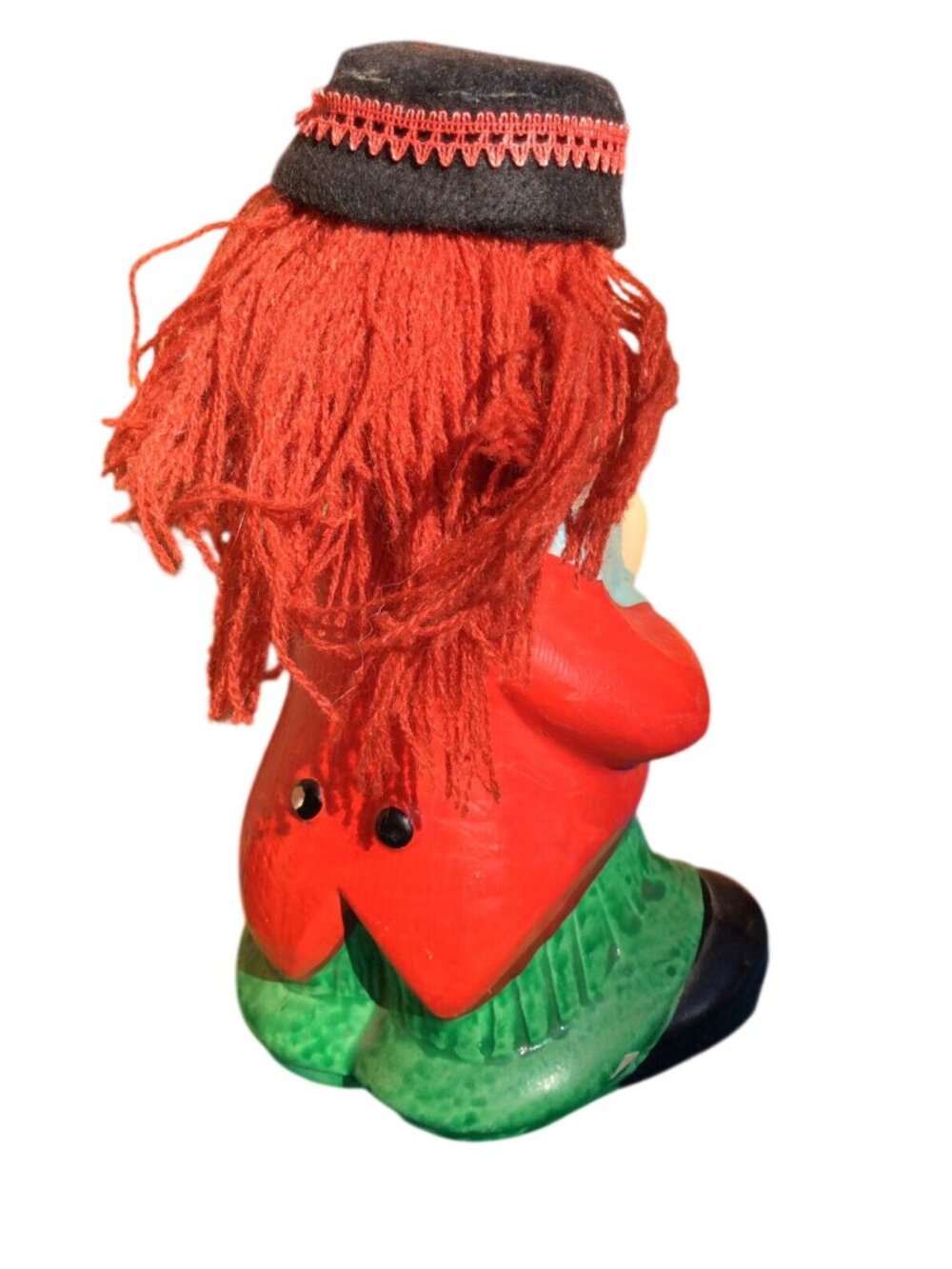 Vintage Ceramic Clown Coin Piggy Bank With Red Yarn Hair & Painted Outfit - Picture 3 of 8